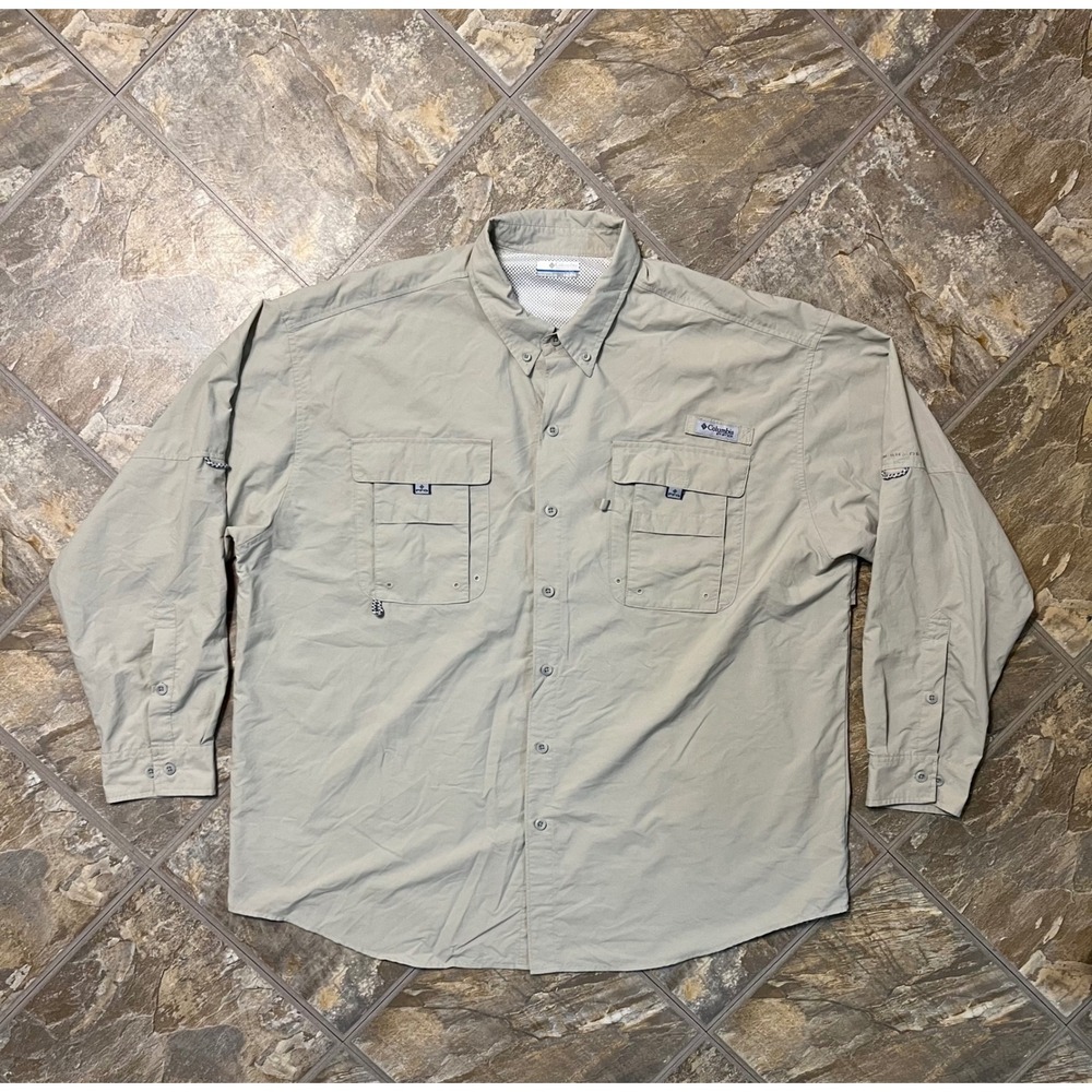 Columbia PFG Fishing Shirt Men XXL Beige Long Sleeve Bahama II UPF 30